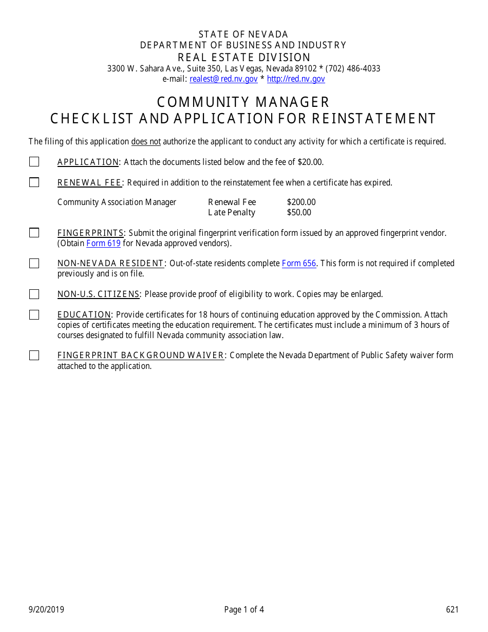 Form 621 Community Manager Application for Reinstatement - Nevada, Page 1