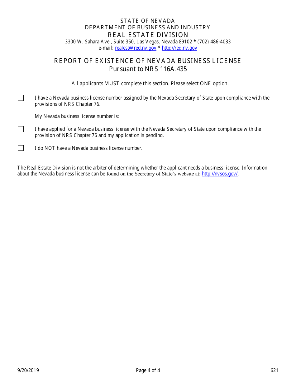 Form 621 Community Manager Application for Reinstatement - Nevada, Page 4