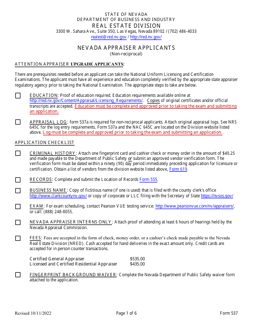 Form 537 Original Licensing Application for Residential/General Appraiser - Nevada