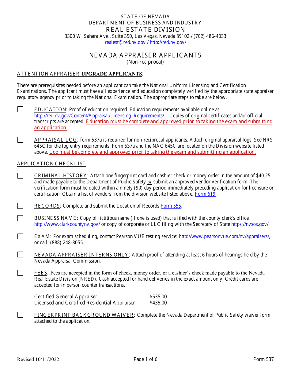 Form 537 - Fill Out, Sign Online and Download Fillable PDF, Nevada ...