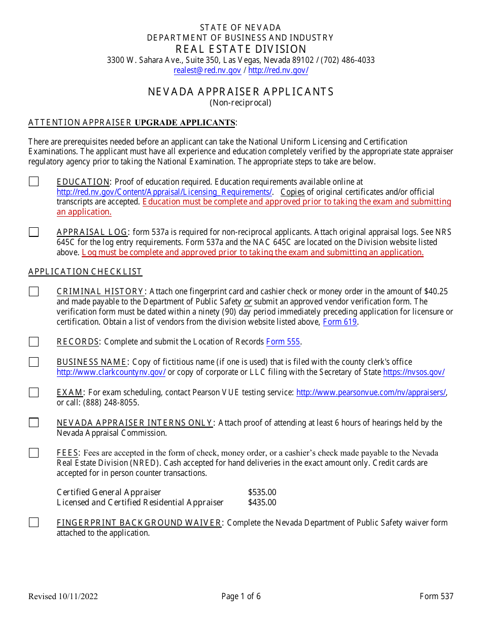 Form 537 Original Licensing Application for Residential / General Appraiser - Nevada, Page 1