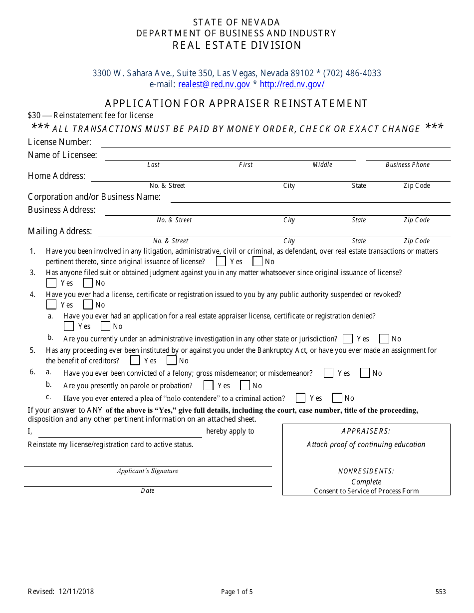 Form 553 Application for Appraiser Reinstatement - Nevada, Page 1