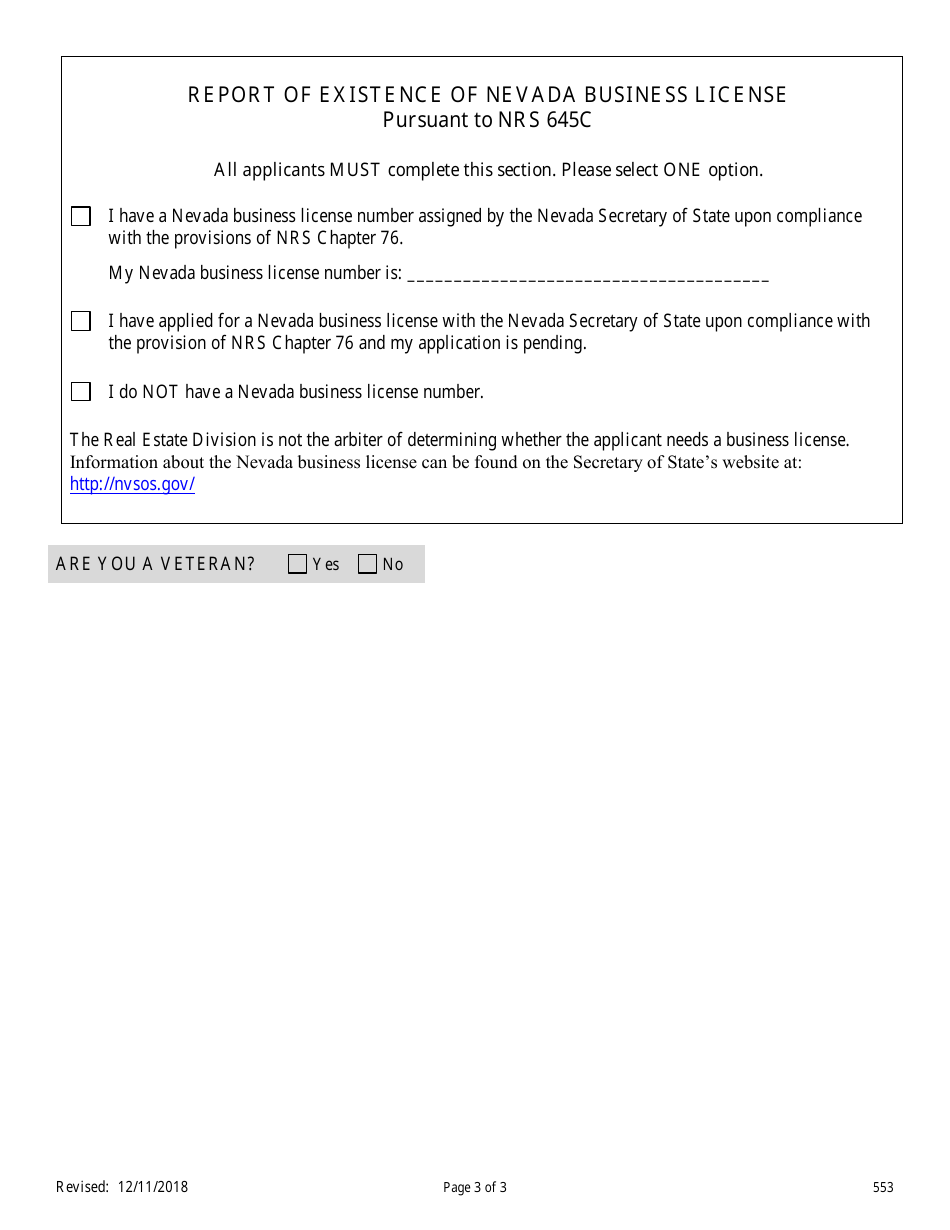 Form 553 Application for Appraiser Reinstatement - Nevada, Page 3