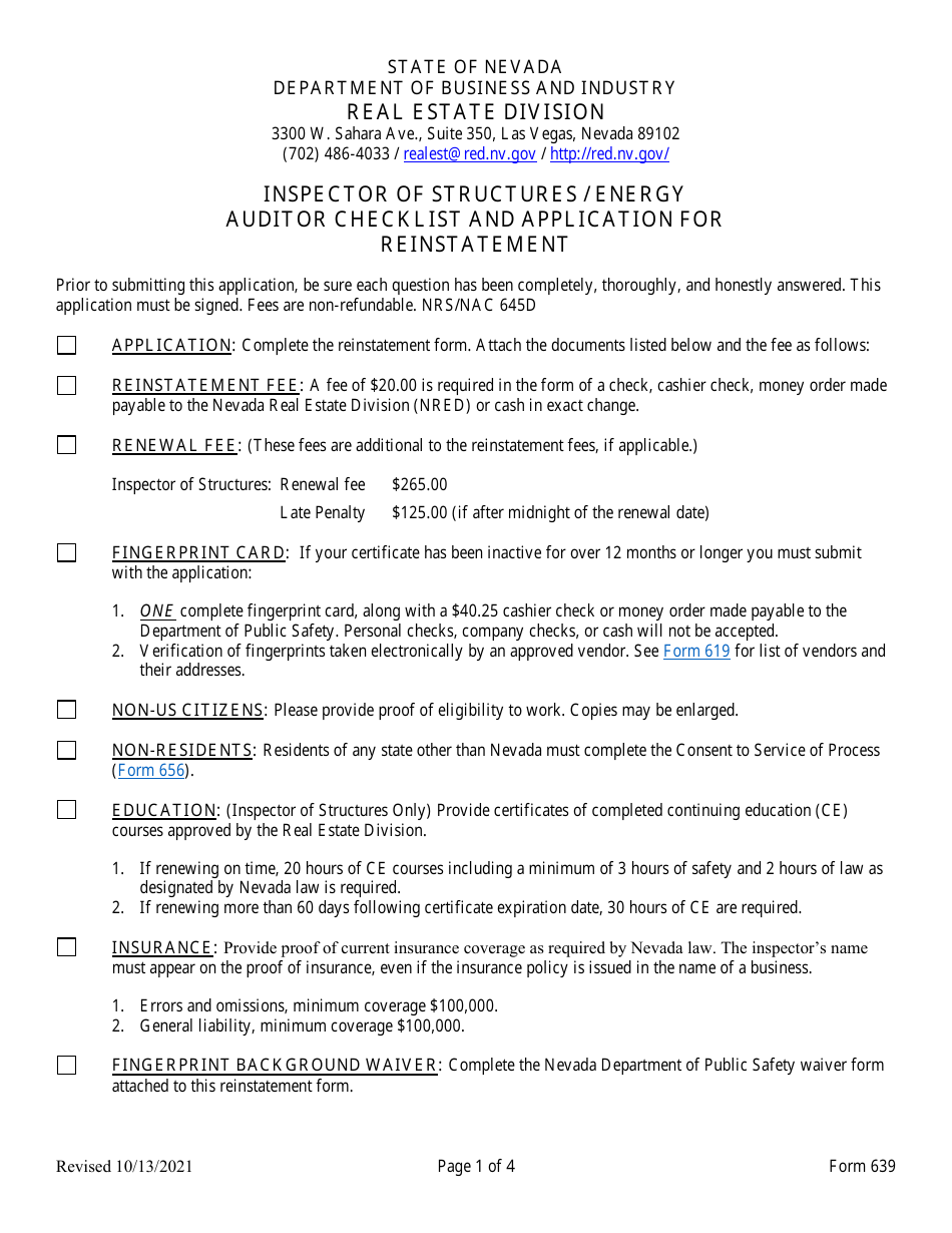 Form 639 - Fill Out, Sign Online and Download Fillable PDF, Nevada ...