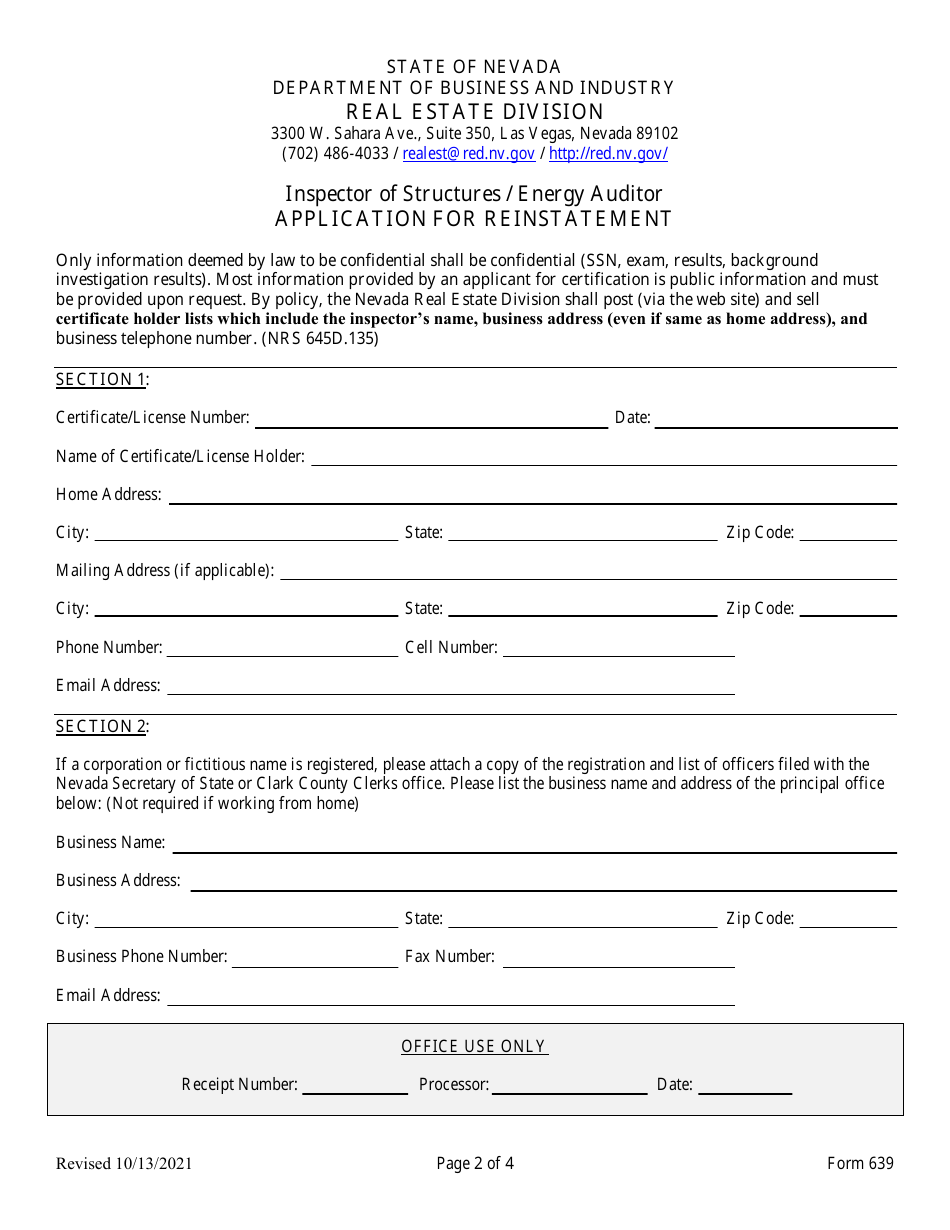 Form 639 Ios / Energy Auditor - Application for Reinstatement - Nevada, Page 2