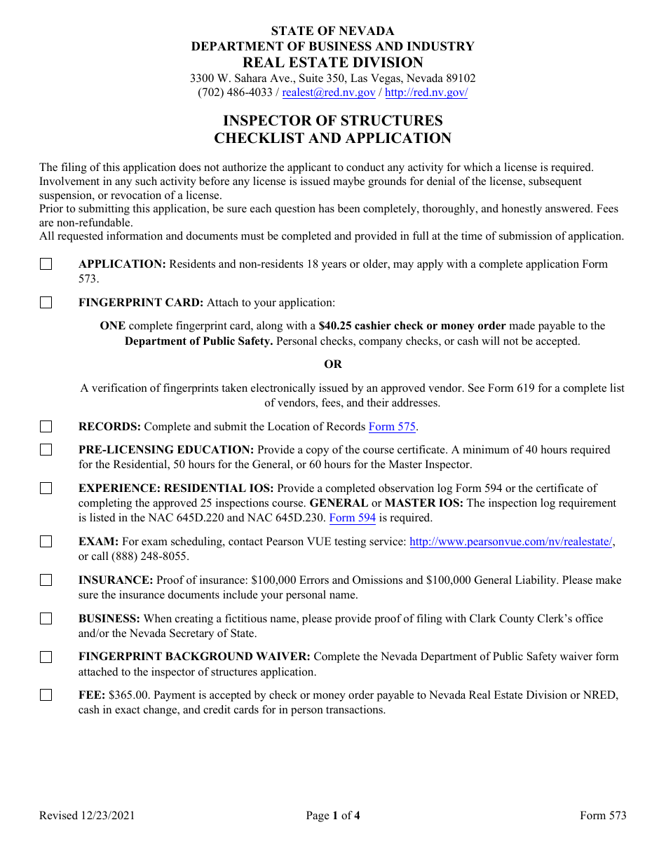 Form 573 Inspectors of Structures Original Licensing Application - Nevada, Page 1