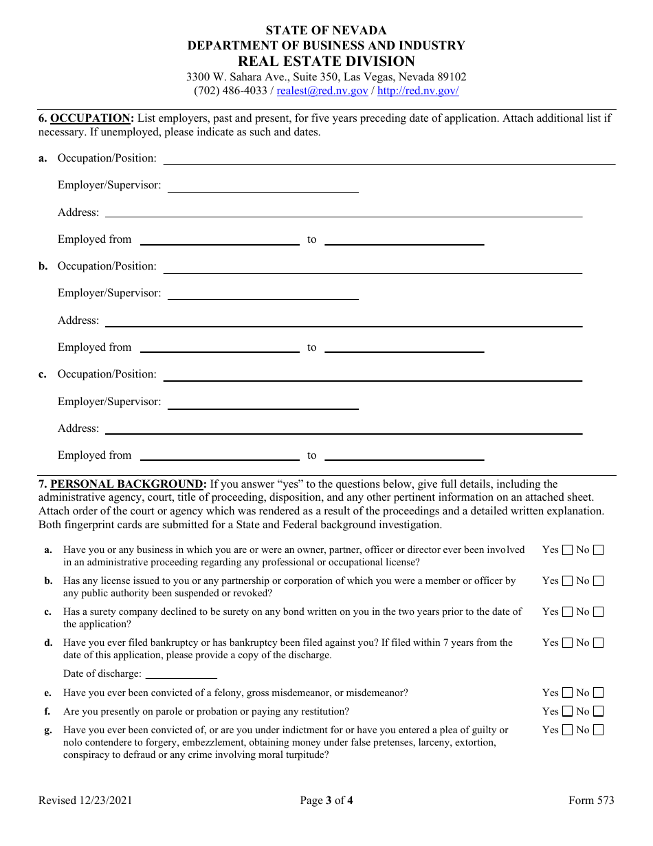 Form 573 Inspectors of Structures Original Licensing Application - Nevada, Page 3