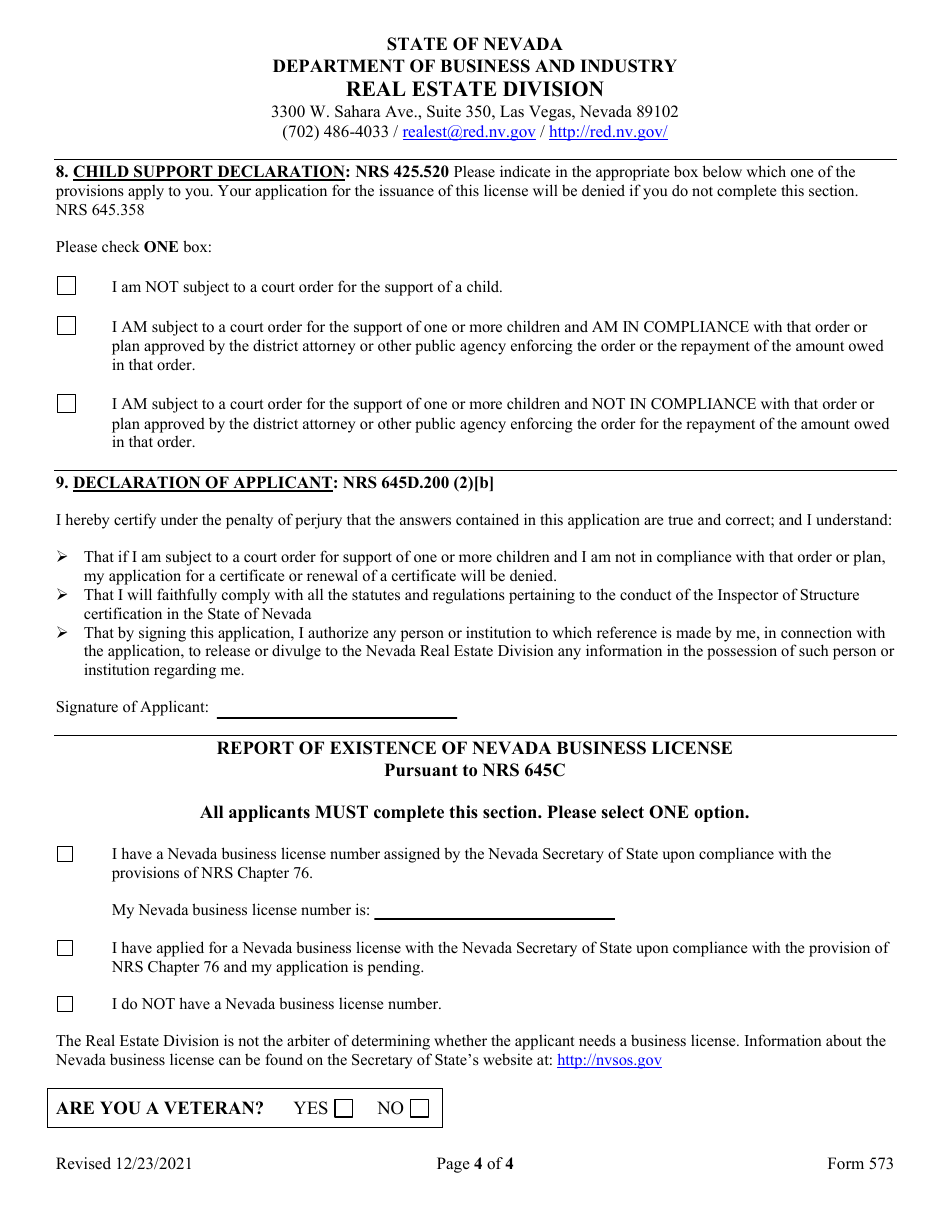 Form 573 Inspectors of Structures Original Licensing Application - Nevada, Page 4