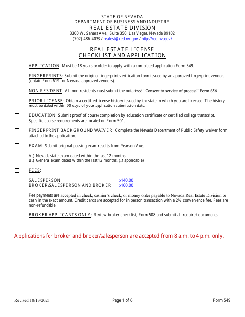 Form 549 Original Licensing Application and Checklist for Salesperson, Broker/Salesperson or Broker - Nevada