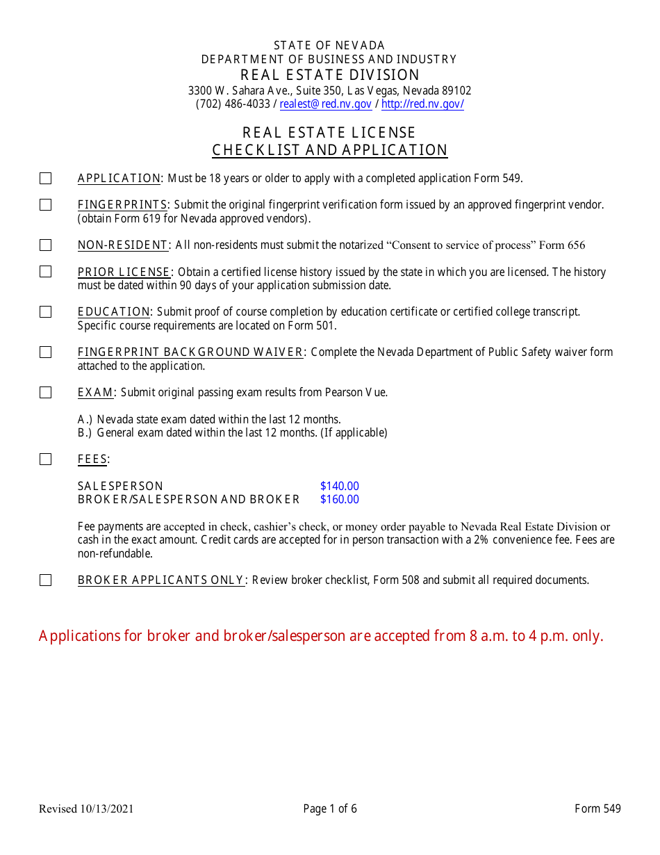 Form 549 Original Licensing Application and Checklist for Salesperson, Broker / Salesperson or Broker - Nevada, Page 1