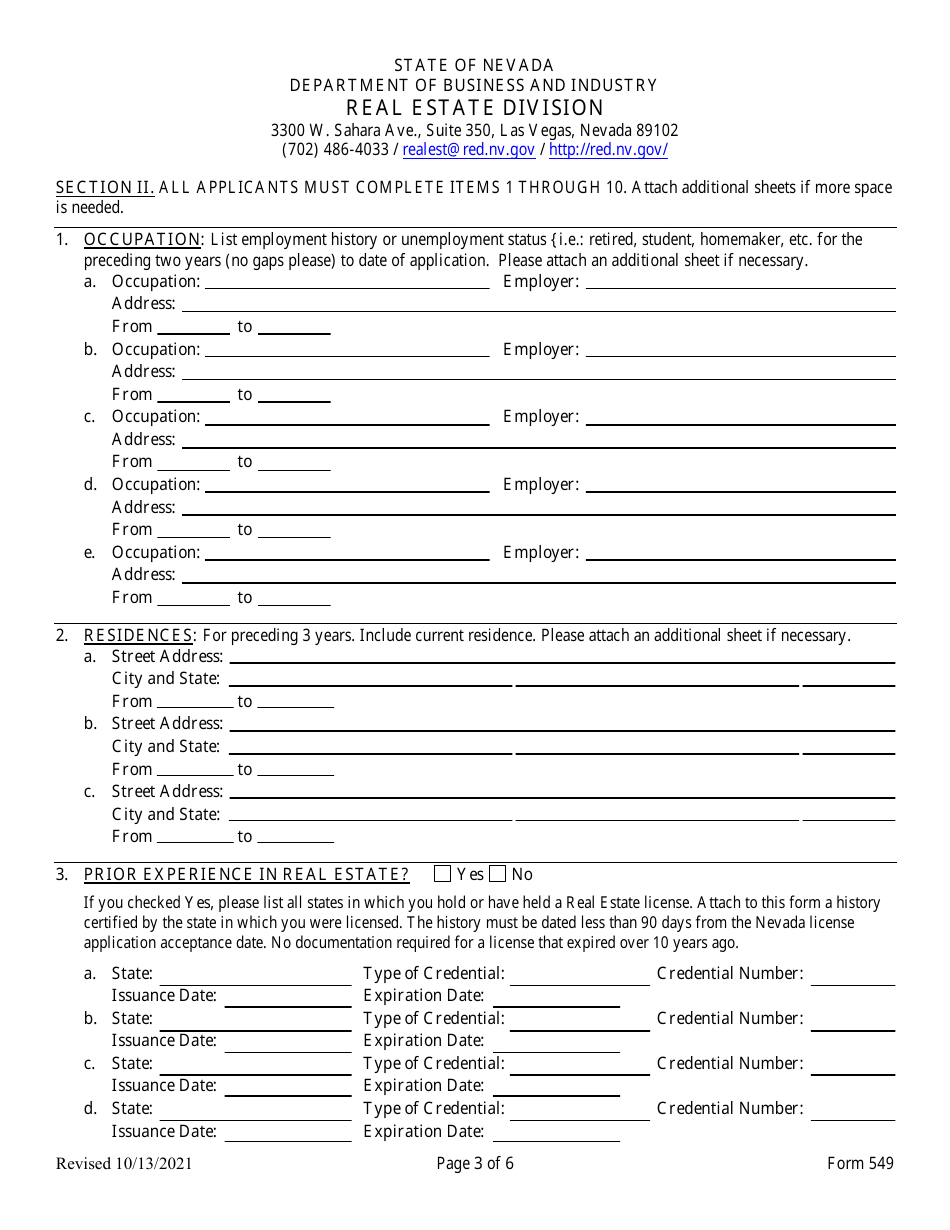 Form 549 Original Licensing Application and Checklist for Salesperson, Broker / Salesperson or Broker - Nevada, Page 3