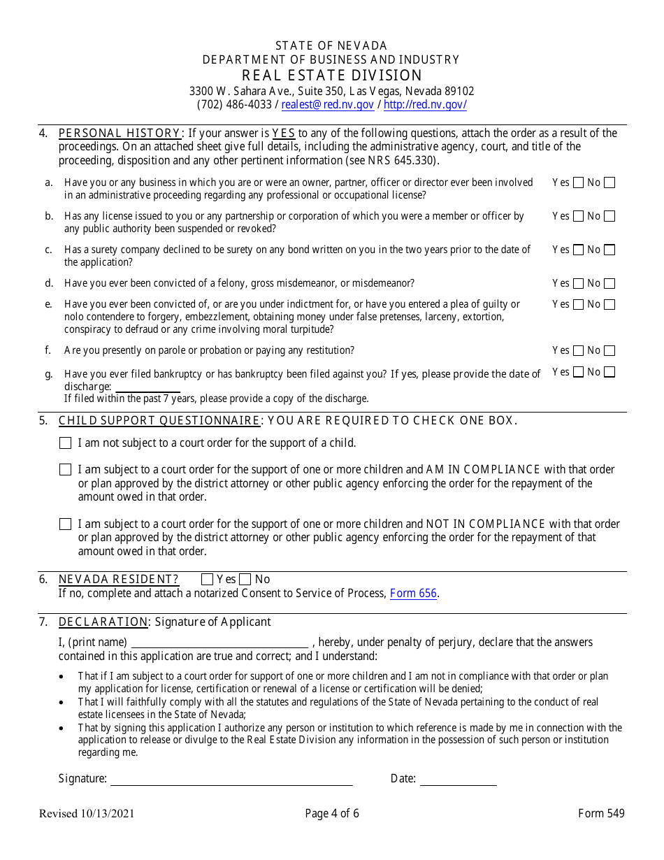 Form 549 Original Licensing Application and Checklist for Salesperson, Broker / Salesperson or Broker - Nevada, Page 4