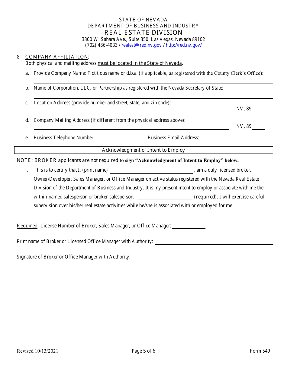 Form 549 Original Licensing Application and Checklist for Salesperson, Broker / Salesperson or Broker - Nevada, Page 5