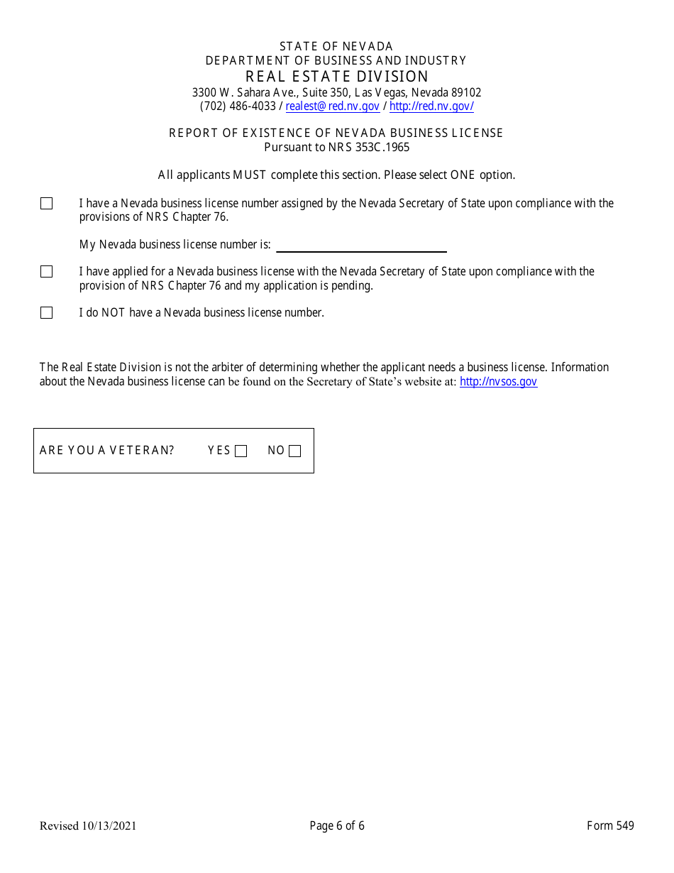 Form 549 Original Licensing Application and Checklist for Salesperson, Broker / Salesperson or Broker - Nevada, Page 6