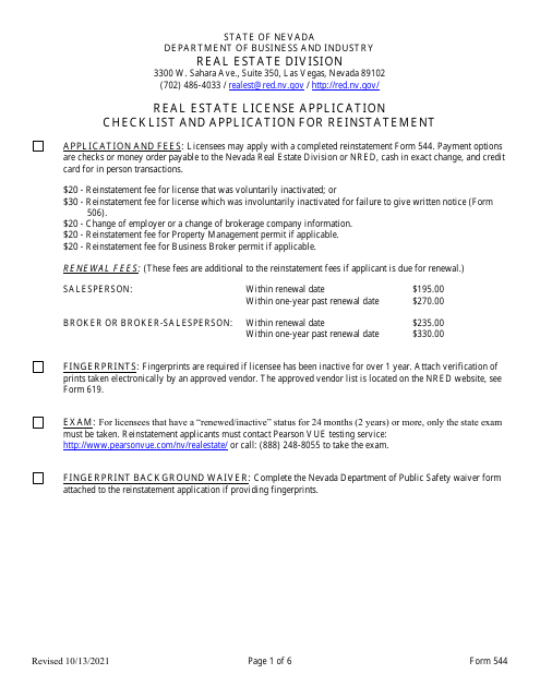 Form 544 Application for Reinstatement - Nevada