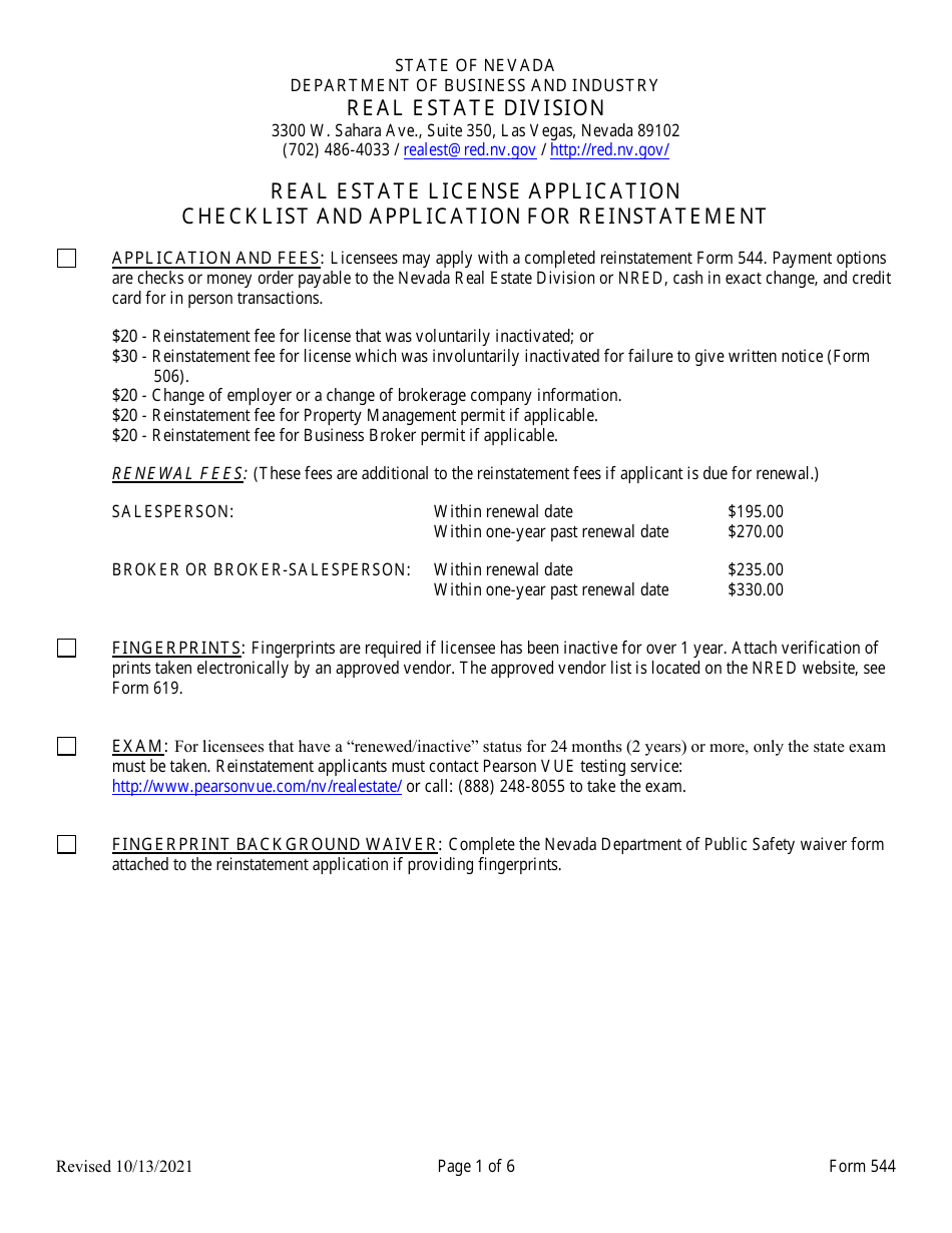 Form 544 Fill Out, Sign Online and Download Fillable PDF, Nevada