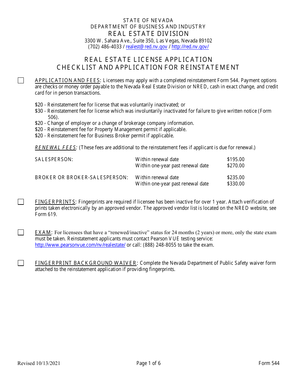 Form 544 Application for Reinstatement - Nevada, Page 1