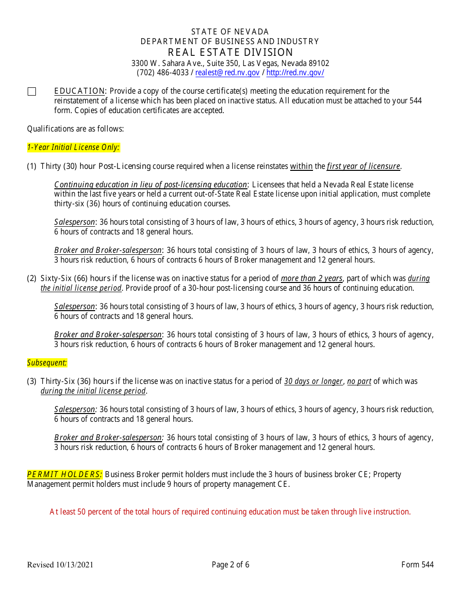 Form 544 Fill Out, Sign Online and Download Fillable PDF, Nevada