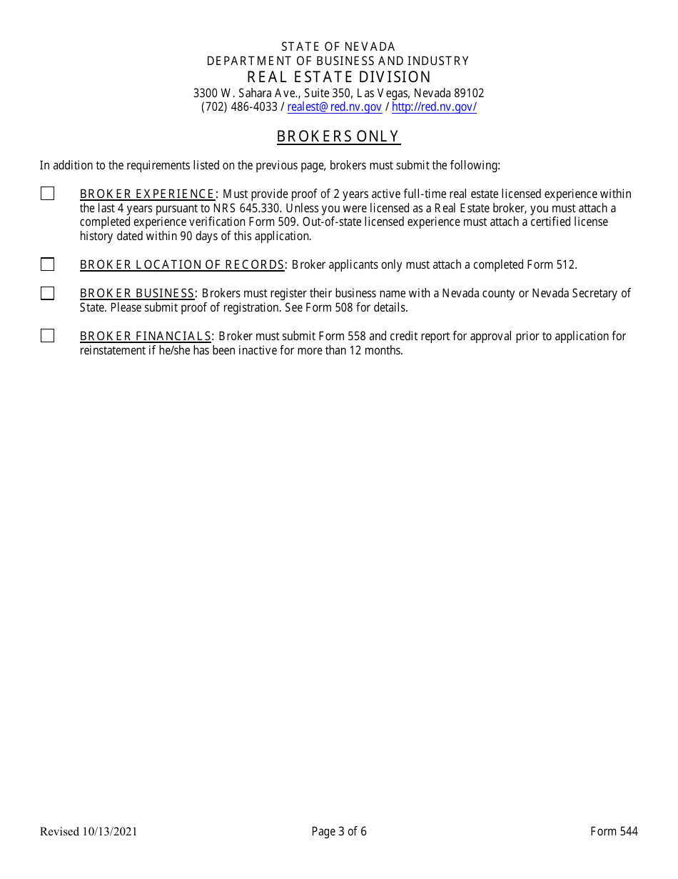 Form 544 Fill Out, Sign Online and Download Fillable PDF, Nevada