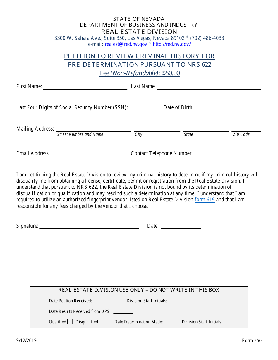 Form 550 Petition to Review Criminal History for Pre-determination - Nevada, Page 2