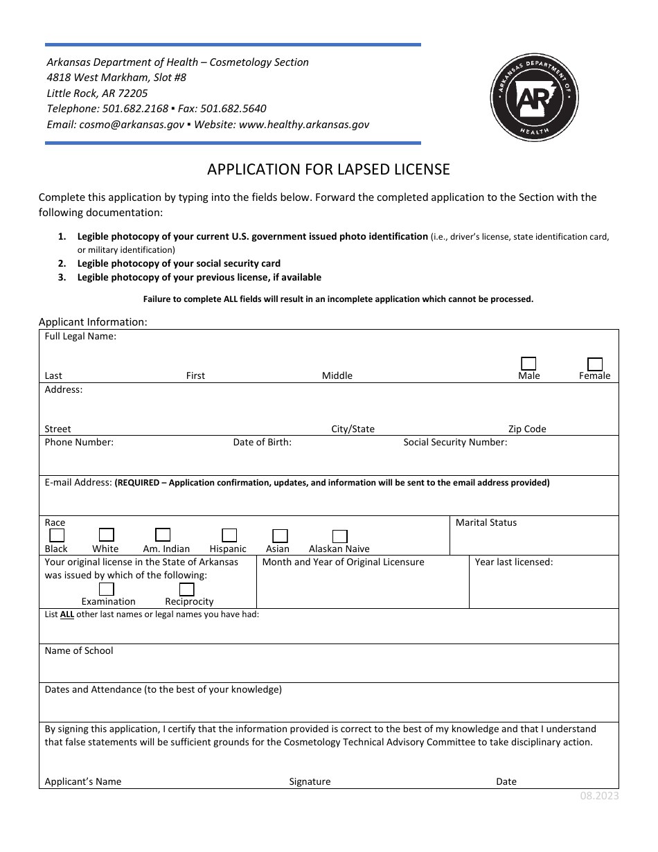 Arkansas Application for Lapsed License Fill Out, Sign Online and Download PDF Templateroller