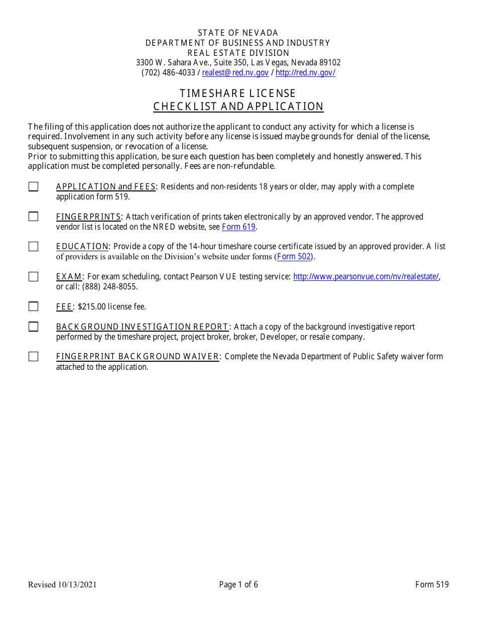 Form 519 Original Timeshare Sales Agent Application (Nrs 119a.210) - Nevada, Page 1