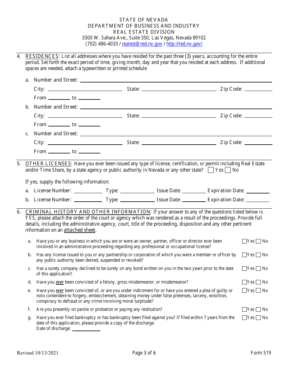 Form 519 Original Timeshare Sales Agent Application (Nrs 119a.210) - Nevada, Page 3