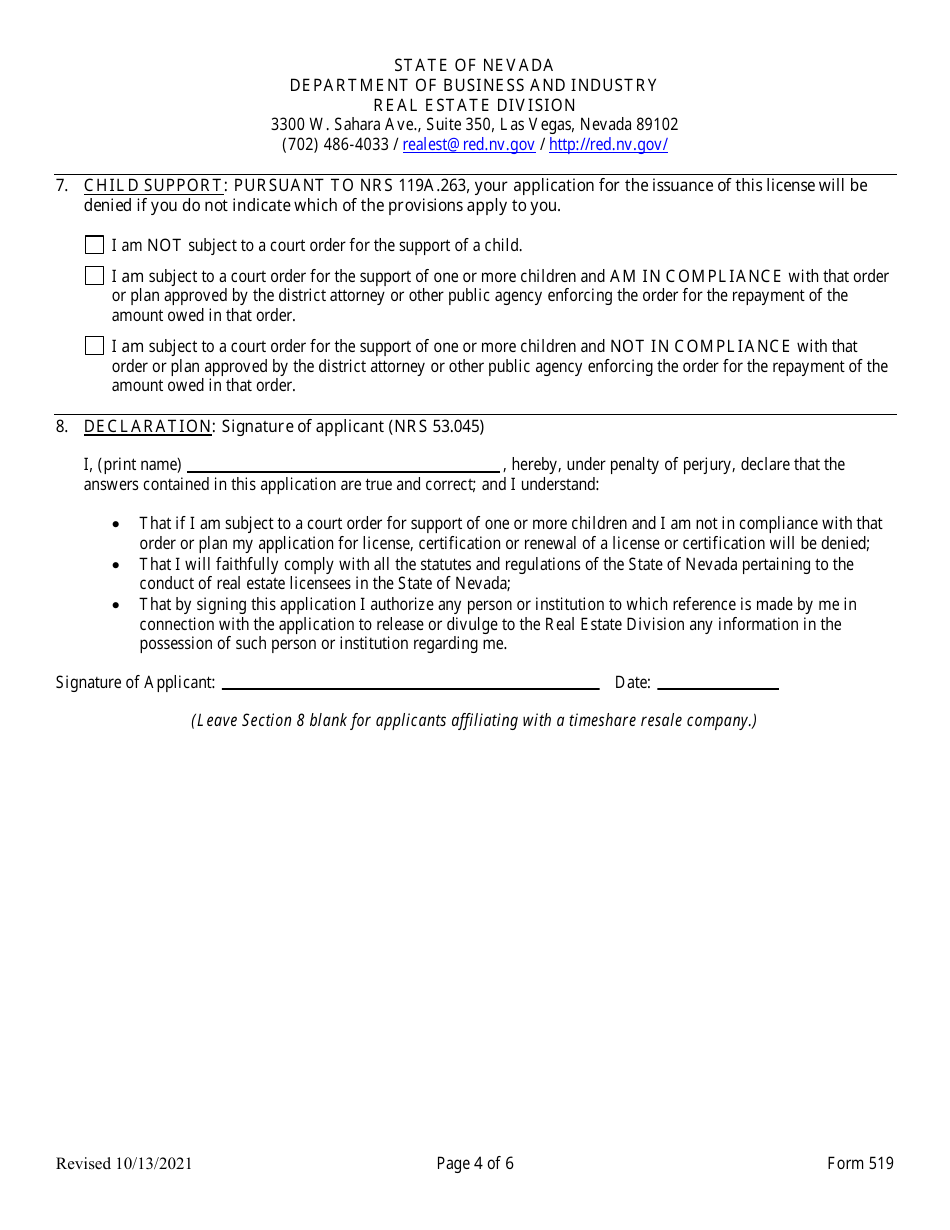 Form 519 Original Timeshare Sales Agent Application (Nrs 119a.210) - Nevada, Page 4
