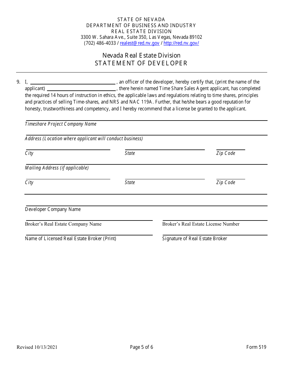 Form 519 Original Timeshare Sales Agent Application (Nrs 119a.210) - Nevada, Page 5