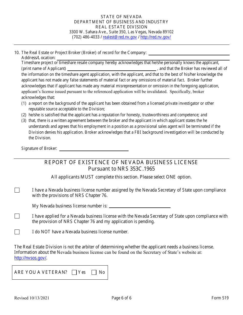 Form 519 Original Timeshare Sales Agent Application (Nrs 119a.210) - Nevada, Page 6