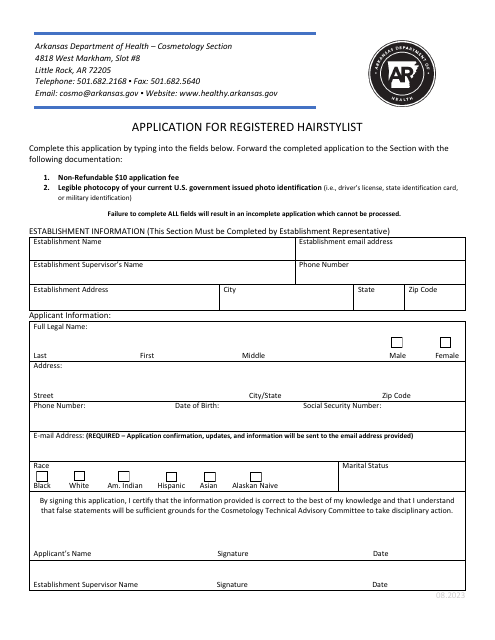 Application for Registered Hairstylist - Arkansas Download Pdf