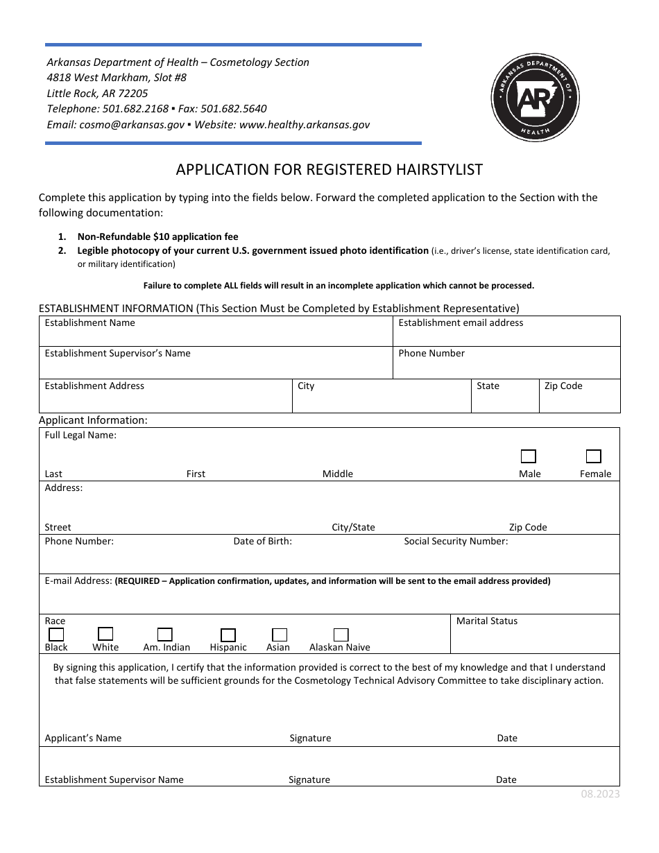 Application for Registered Hairstylist - Arkansas, Page 1