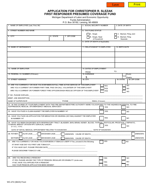 Form WC-272 Application for First Responder Presumed Coverage Fund - Michigan