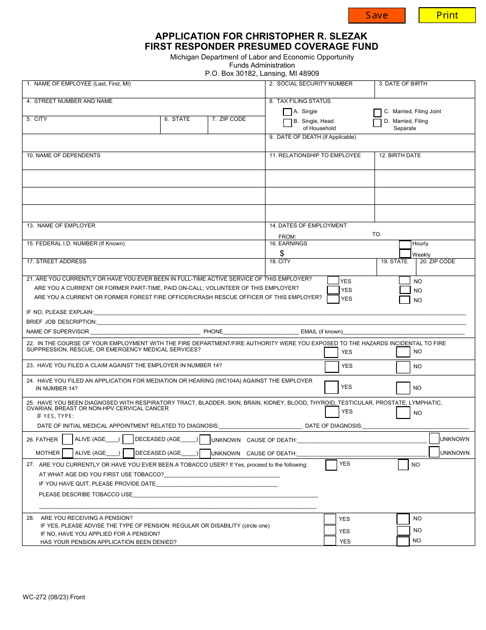 Form WC-272 Application for First Responder Presumed Coverage Fund - Michigan, Page 1