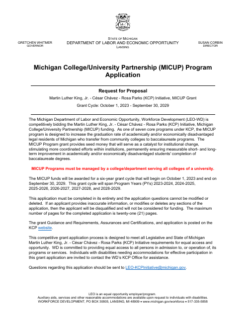 Michigan College / University Partnership (Micup) Program Application - Michigan Download Pdf