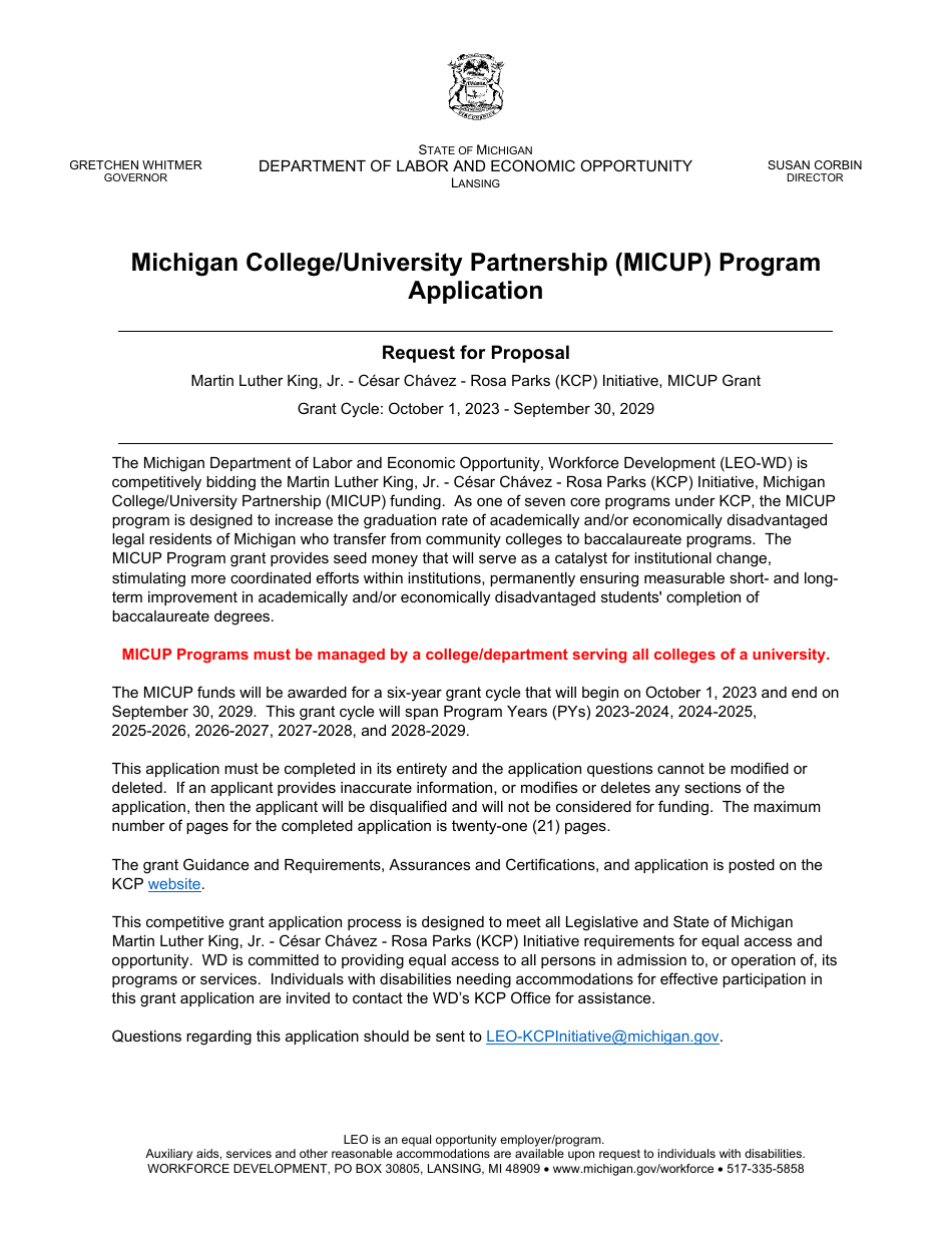 Michigan College / University Partnership (Micup) Program Application - Michigan, Page 1