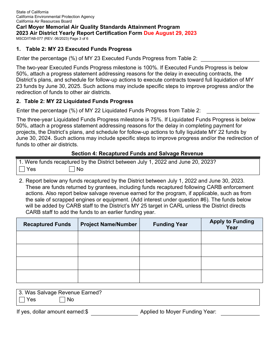 Form MSCD / ITAB-077 Air District Yearly Report Certification Form - Carl Moyer Memorial Air Quality Standards Attainment Program - California, Page 3