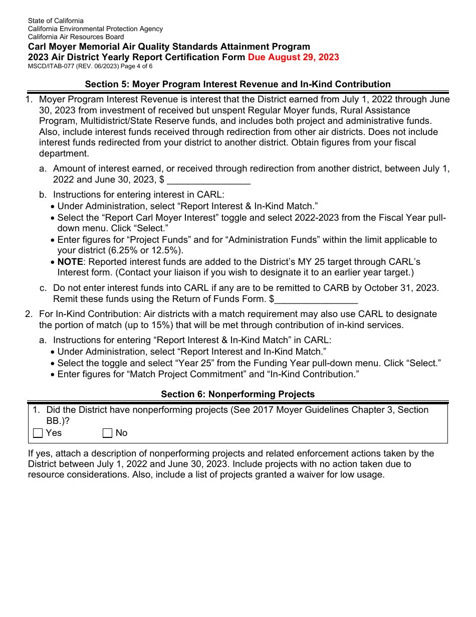 Form MSCD / ITAB-077 Air District Yearly Report Certification Form - Carl Moyer Memorial Air Quality Standards Attainment Program - California, Page 4