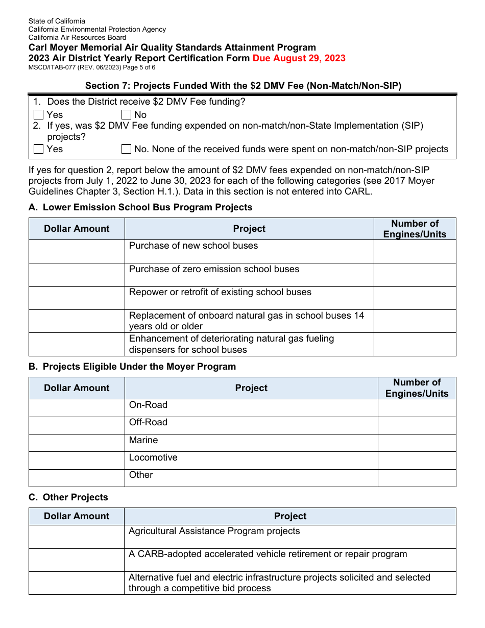 Form MSCD / ITAB-077 Air District Yearly Report Certification Form - Carl Moyer Memorial Air Quality Standards Attainment Program - California, Page 5
