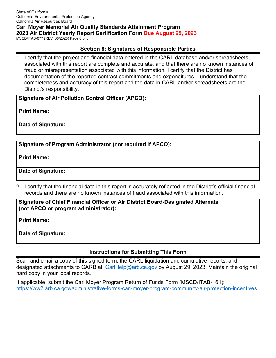 Form MSCD / ITAB-077 Air District Yearly Report Certification Form - Carl Moyer Memorial Air Quality Standards Attainment Program - California, Page 6