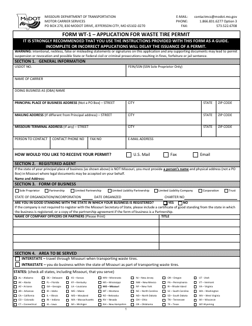 Form WT-1 Application for Waste Tire Permit - Missouri