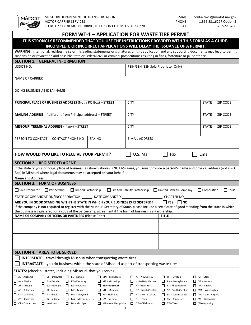 Form WT-1 Application for Waste Tire Permit - Missouri, Page 1