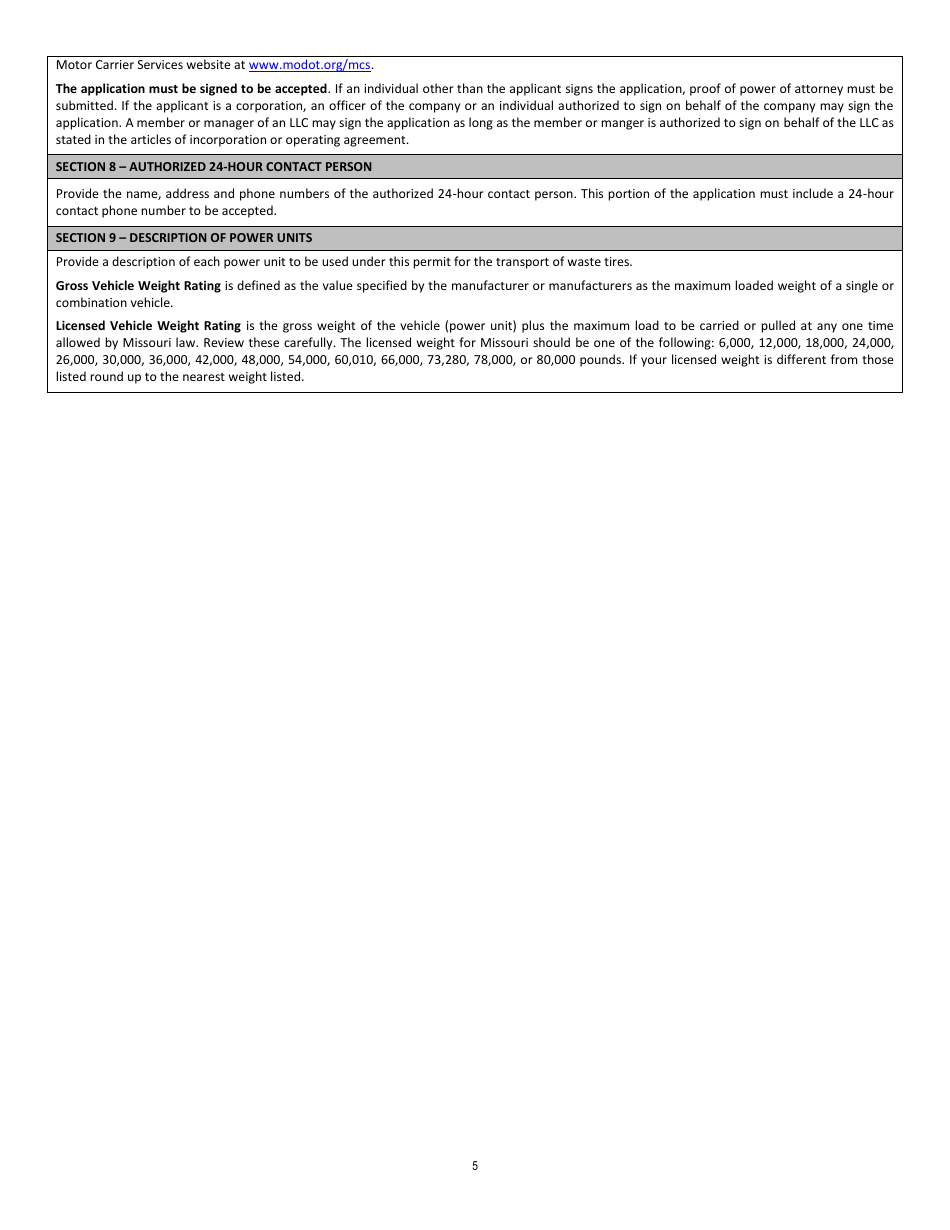 Form WT-1 Application for Waste Tire Permit - Missouri, Page 5