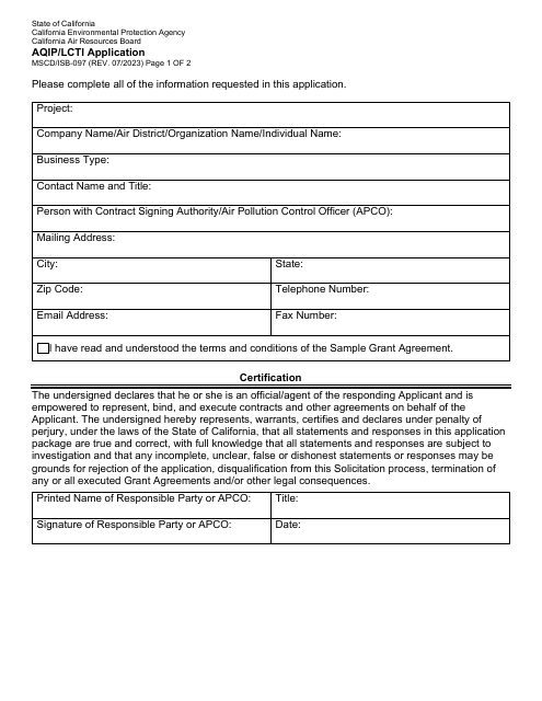 Form MSCD/ISB-097 Aqip/Lcti Application - California