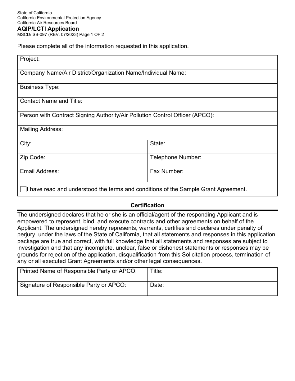Form MSCD / ISB-097 Aqip / Lcti Application - California, Page 1