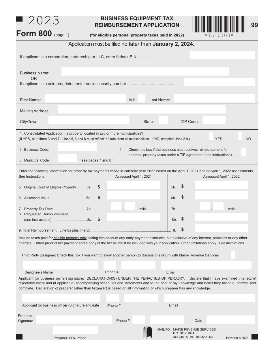 Form 800 Business Equipment Tax Reimbursement Application - Maine, Page 1