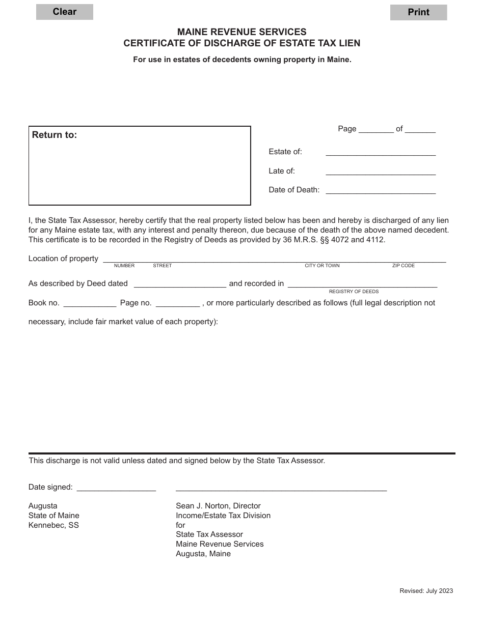 Maine Certificate of Discharge of Estate Tax Lien Download Fillable PDF ...