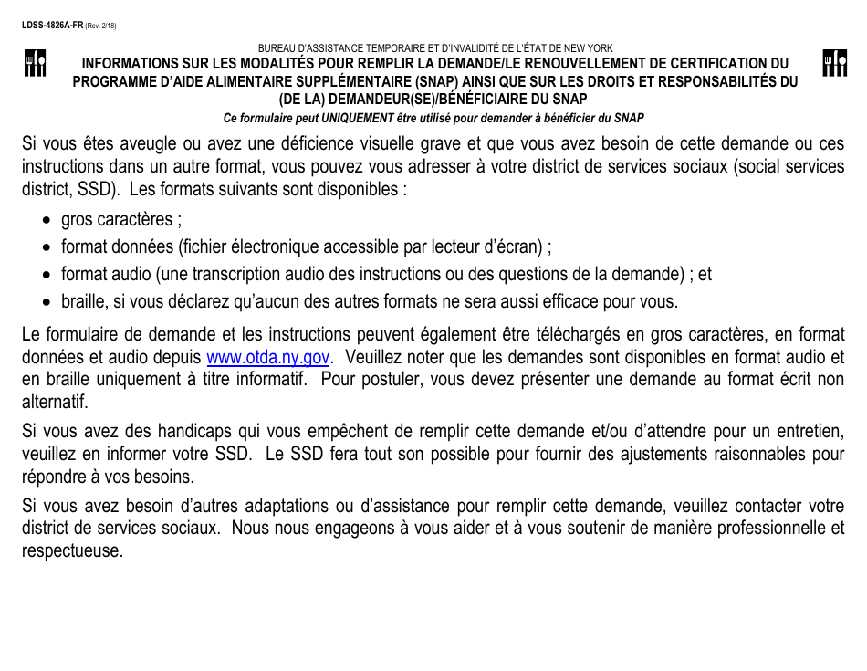 Instructions for Form LDSS-4826 Snap Application / Recertification - New York (French), Page 1