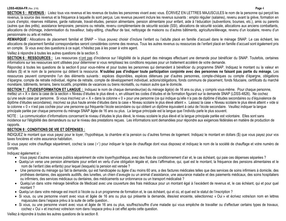 Instructions for Form LDSS-4826 Snap Application / Recertification - New York (French), Page 4