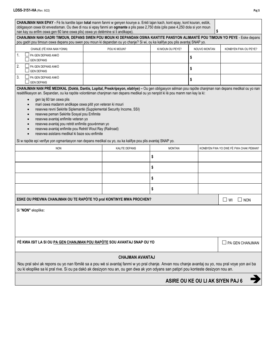 Form LDSS-3151 Supplemental Nutrition Assistance Program (Snap) Change Report Form - New York (Haitian Creole), Page 5